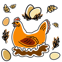 Set of hen with eggs and chicken, farming eco product symbol.