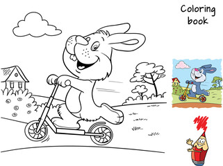 Rabbit riding a scooter. Coloring book