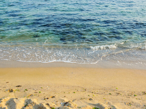 sea shore in morning light. nature background of sandy beach and transparent calm water in summer
