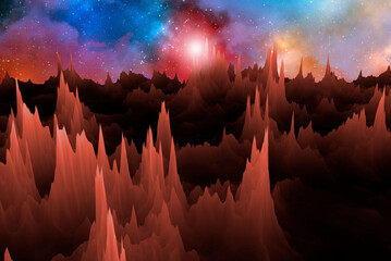 View from an asteroid to the galaxy, rock formations. 3d illustration