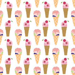 vector pattern with berry ice cream in waffle cups and on a white background