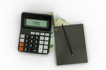 3D rendering of a composition of 100000 Paraguayan guarani notes, a calculator, a note book and a pen isolated on dark background. Tax background design concept