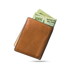 3D rendering of 100000 Paraguayan guarani notes popping out of a brown leather men’s wallet. Paraguayan guarani in wallet