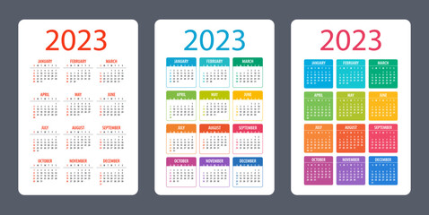 Calendar set 2023 year - vector illustration. Week starts on Sunday