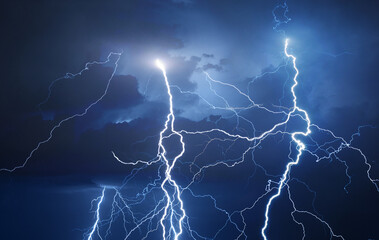 Fork lightning striking down during summer storm - obrazy, fototapety, plakaty