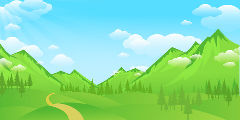 Cartoon flat panorama of spring summer beautiful nature
