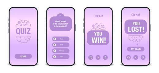 The template of the mobile application interface for the quiz on a purple background. Test, exam, questions and answers for a TV show. Vector illustration of EPS10