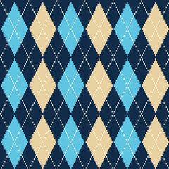 Seamless argyle check pattern in blue and beige with dotted white stitch. Vector geometric background