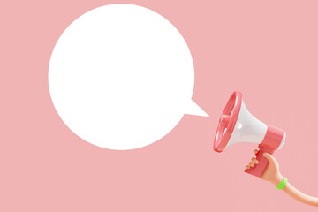Cartoon flexible hand holding megaphone on pink background with copy space. 3d illustration