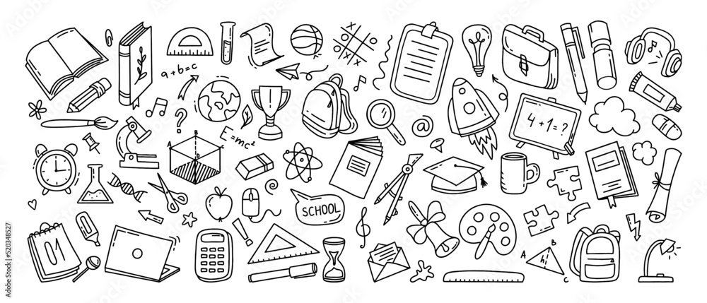 Fototapete back to school doodle a large set of elements. vector illustration in line style.