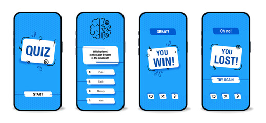 The template of the mobile application interface for the quiz on a blue background. Test, exam, questions and answers for a TV show. Vector illustration of EPS10