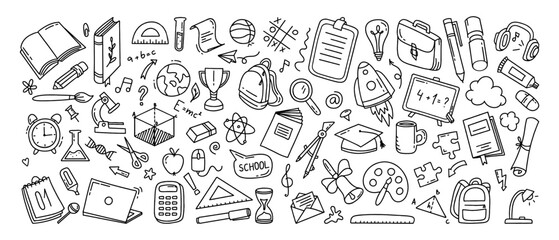 Back to school doodle a large set of elements. Vector illustration in line style.
