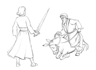 Balaam and donkey. Angel with a sword. Pencil drawing