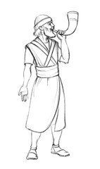 The warrior blows the trumpet. Pencil drawing