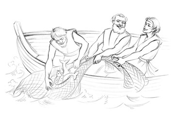 The fishermen pull the net into the boat. Pencil drawing - obrazy, fototapety, plakaty