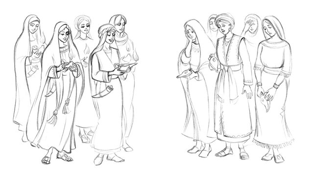 Five wise and five foolish virgins. Pencil drawing