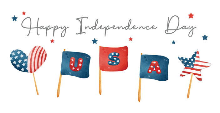cute cartoon Digital painting watercolor 4th of July USA Flag element, Independence day element.