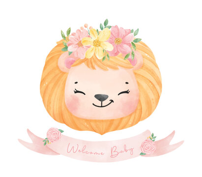 cute baby lion with  floral crown with pink banner watercolor, sweet nursery art illustration vector