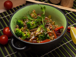 japanese buckwheat noodles soba with vegetables. vegetarian dish