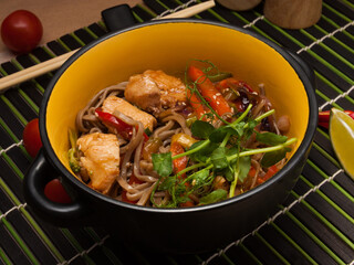 japanese buckwheat noodles soba with chicken and vegetables