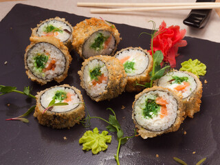 tempura rolls with salmon, chuka and cream cheese