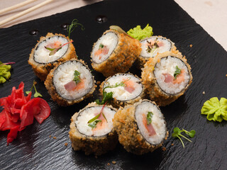 tempura rolls with salmon, tuna and cream cheese