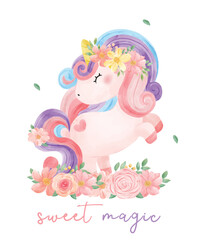 Cute watercolor Unicorn in flower garden, nursery cartoon painting vector illustration