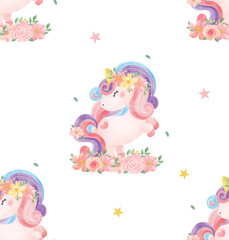 Cute unicorn seamless pattern background,  Cute watercolor sweet floral magical purple baby Unicorn in flower garden, nursery cartoon painting vector illustration