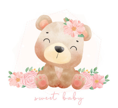 cute watercolor baby teddy bear with flowers, baby shower wildlife woodland nursery animal hand drawn painting illustration vector