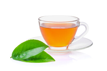 green tea leaf with a glass of tea on white background