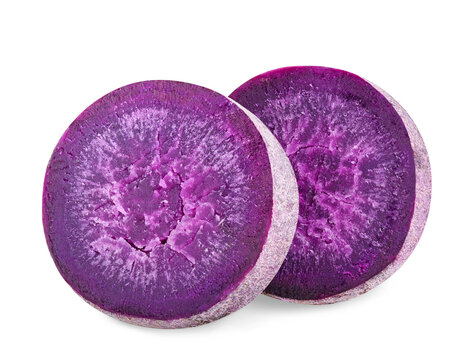 sliced purple yams on isolated white background