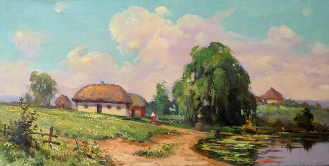 rural farmstead near a pond with willow
