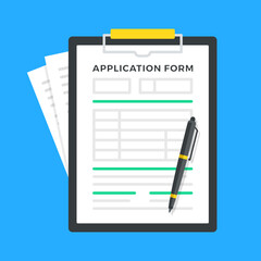 Application form. Clipboard with form document and pen. Vector illustration