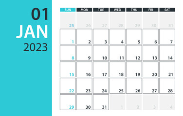 January 2023 Calendar Planner - Vector. Template Mock up