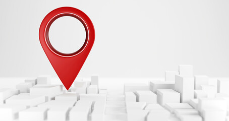 Red Location pin icon in urban environment on white background, 3D illustration