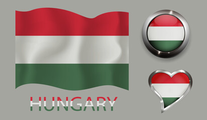 set nation Hungary flag glossy button heart