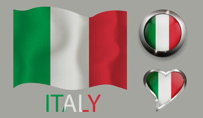 set nation Italy flag glossy button heart
