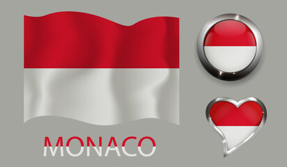 set nation Monaco flag glossy button heart