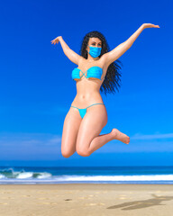 Woman swimsuit in medical mask on beach.