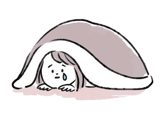布団に引きこもり泣いている女性　イラスト