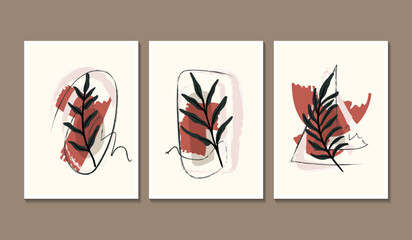 Set of three minimalist mid century wall art background with hand drawn leaves and abstra