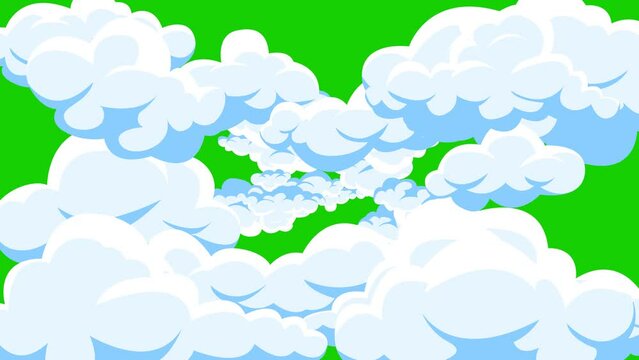 Cartoon cloud transitions on green screen. Cartoon cloud transitions with alpha channel. Key color, color key, alpha channel. 
