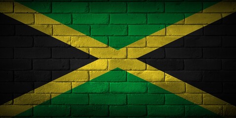 The flag of Jamaica painted on a brick wall.
Flaga Jamajki namalowana na ceglanym murze.