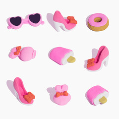 Creative pattern made of pink girls' stuff. Funny big set of girly things. Make up, bag, purse, perfume, heart, heels, sweet donats, sunglasses. Cute Cartoon Design.