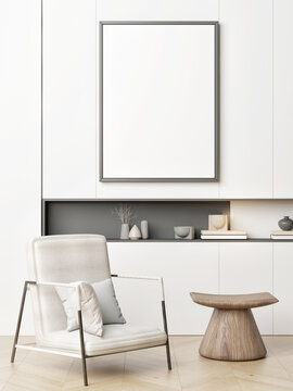 Blank posters on white wall, modern interior design, 3d render, 3d illustration.