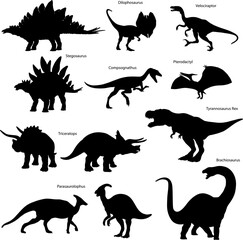 Silhouette images of dinosaurs, figure, silhouette, symbol, sign, cheerful, wild nature, trademark, isolated, black, white, contour, prehistoric, packaging and posters, outline, poster design