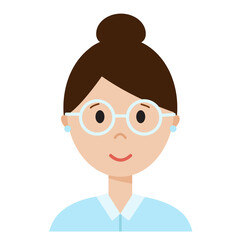 Funny cartoon woman face, cute avatar or portrait. Girl with dark hair. Young character for web in flat style. Print for sticker, emoji, icon. Minimalistic face, vector illustration. 
