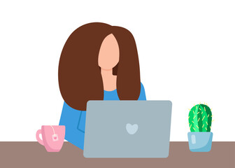 Young woman with long dark hair works with laptop. Working and education from home concept. Office employee. Faceless illustration. Print for web, advertising or social media. 