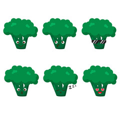 Set of broccoli emojis. Kawaii style icons, vegetable characters. Vector illustration in cartoon flat style. Set of funny smiles or emoticons. Good nutrition and vegan concept. illustration for kids. 