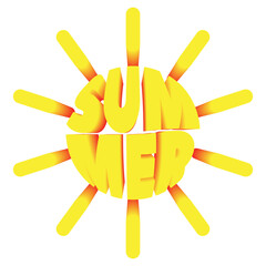 Summer lettering in the shape of sun. Positive illustration, vacation and beach spirit. Print for sticker, clothes, cards, gifts, design and decor. Seasonal illustration, 3d shapes. 